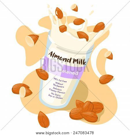 Almond Milk Splash With Whole Almonds In A Glass Vector Ad Flyer Design. Healthy Eating Cartoon Post