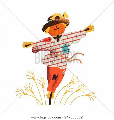 Smiling Straw Scarecrow Dressed In Old Clothes And Hat Standing On Field With Growing Crops. Cute Ha