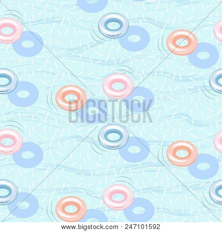 Floating Pool Inflatable Rings Seamless Vector Pattern. Rubber Hoops On Blue Water Background.