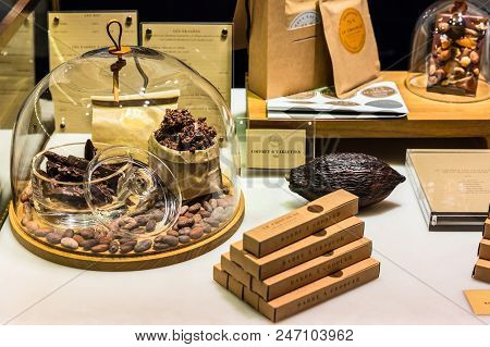 Paris, France - June 30, 2017: Alain Ducasse Chocolate Bar. Assorted Different Kinds Of Premium Choc