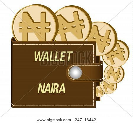 Brown  Wallet With Naira Coins On A White Background , Currency In The Wallet,sign And Symbol Curren