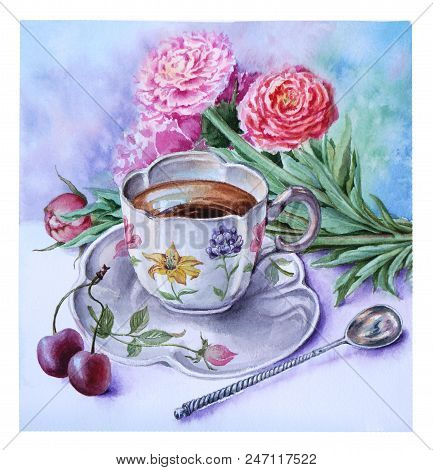 Watercolor Illustration Of A Cup Of Coffee And An Old Silver Teaspoon Isolated On A White Background