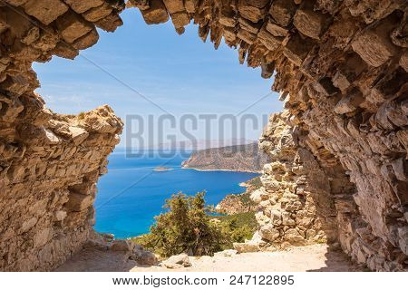 Sea View From The Ruins Of A Small Chapel. The Castle Of Monolithos On Rhodes Island. Greece