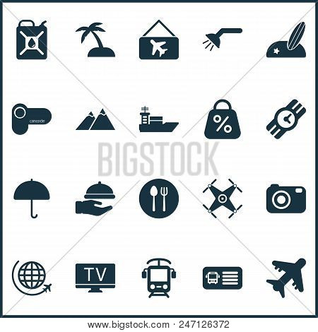 Trip Icons Set With Quadrupter, The Mountains, Parasol And Other Vessel Elements. Isolated  Illustra