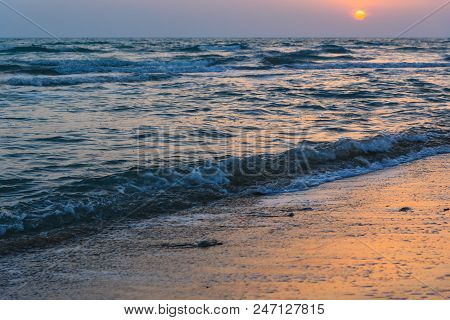 Sunset Over The Sea On Wild Beach Of Persian Gulf Coast. Bushehr Province. Iran