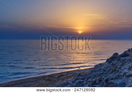 Sunset Over The Sea On Wild Beach Of Persian Gulf Coast. Bushehr Province. Iran