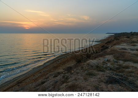 Sunset Over The Sea On Wild Beach Of Persian Gulf Coast. Bushehr Province. Iran
