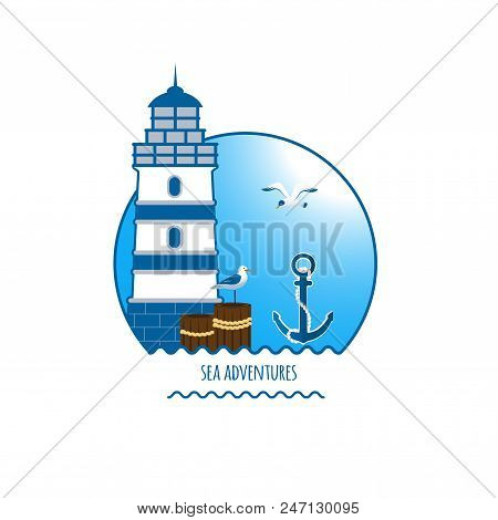 The Emblem Is A Beacon, An Anchor, Waves, A Seagull, Standing On A Log. Blue Sky With Clouds. In A C