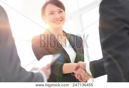 Businesswoman shaking hands with a businssman during a meeting