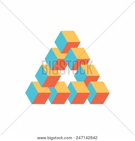 Impossible Triangle In Three Different Colors. Cubes Arranged As Geometric Optical Illusion. Reuters