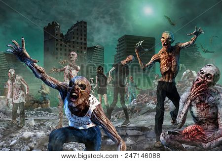 A Horde Of Attacking Zombies Scene 3d Illustration