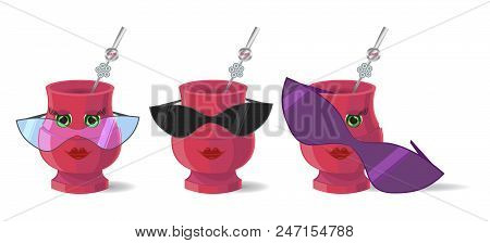 Vector Stickers Pack Of Mate In Glasses. Cartoon Illustration Of Hot Beverage In Different Sunglasse