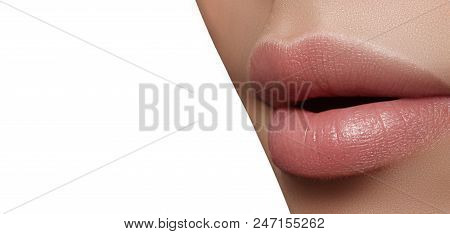 Closeup Perfect Natural Lip Makeup. Beautiful Plump Full Lips On Female Face. Clean Skin, Fresh Make