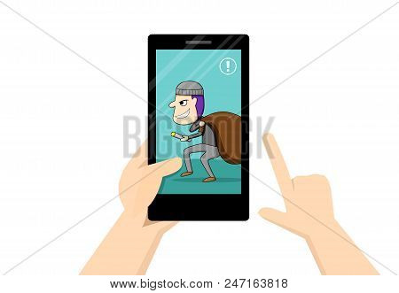 Man Look At Smartphone That Show Theif In His Home, Vector Art