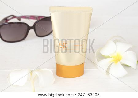 Natural Cosmetics Skin Face Sunscreen Spf50 Of Lifestyle Woman Relax Summer On Background White