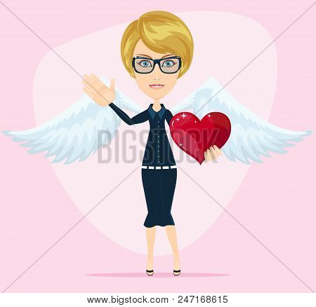 Gorgeous Young Woman As Cupid Angel With White Wings And Heart. Stock Flat Vector Illustration.
