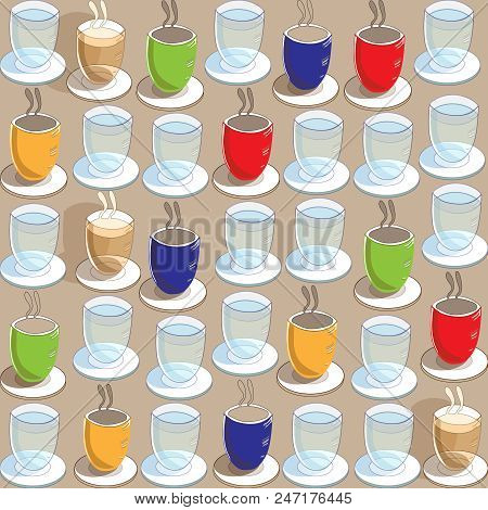 Coffee Cups Tea Cups And Glasses Of Water Seamless Repeat Pattern In Blue Red Green Yellow. Backgrou