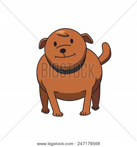 Standing Brown Bulldog With Collar. Funny Smiling Dog Cartoon Character. Flat Vector Illustration. I