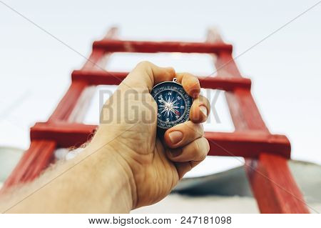 Motivation, Search And Movement Towards The Goal. Self-realization Concept. A Man With A Compass Is 