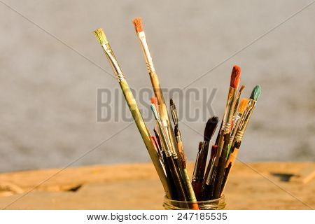 Photo Picture Of Some Old Dirty Used Paintbrushes