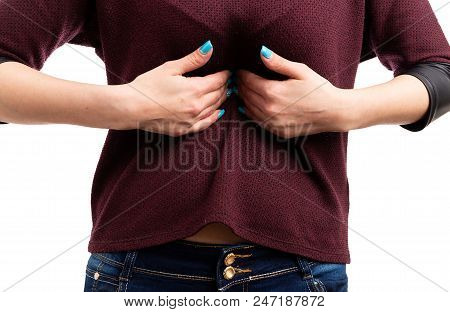 Close-up Of Woman Suffering From Acid Stomach Ache.