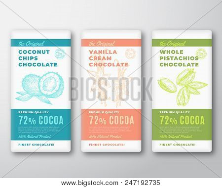 The Original Finest Cocoa Chocolate Bar Abstract Vector Packaging Design Labels Set. Typography And 