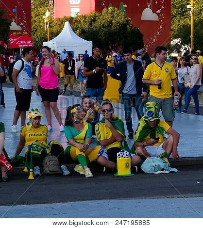 Brazilian Football Fans In The Fifa Fan Fest At Sparrow Hills Aka Vorobyovy Gory In Moscow At Fifa F