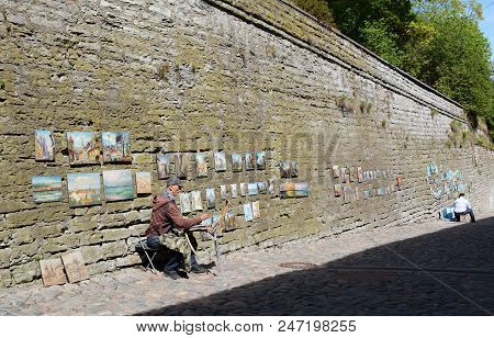 Street Artists Painting On Long Leg Street, Tallinn, Estonia