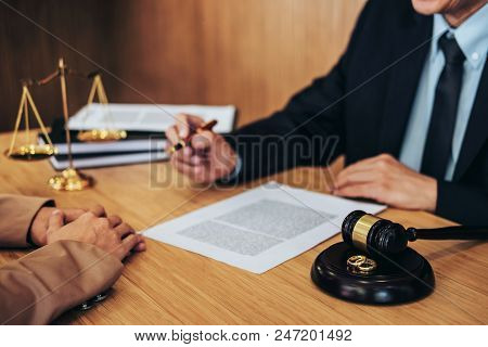 Marriage Divorce On Judge Gavel Deciding, Consultation Between A Businesswoman And Male Lawyer Or Ju
