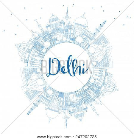 Outline Delhi India City Skyline with Blue Buildings with Copy Space. Business Travel and Tourism Concept with Historic Architecture. Delhi Cityscape with Landmarks.