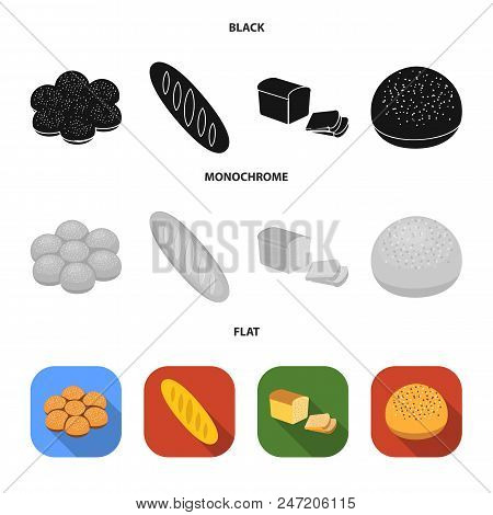 Cut Loaf, Bread Roll With Powder, Half Of Bread, Baking.bread Set Collection Icons In Black, Flat, M