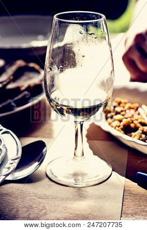 Glasses With Wine White Tasting Wine In The Vineyard.
