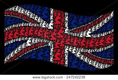 Waving United Kingdom Flag On A Black Background. Vector Gentleman Pray Pictograms Are United Into C