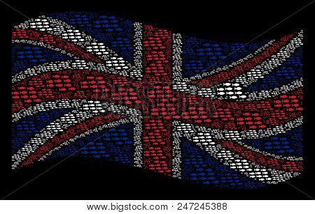 Waving United Kingdom State Flag On A Black Background. Vector School Of Fish Icons Are Formed Into 
