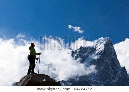 Woman Hiking In Himalaya Mountains