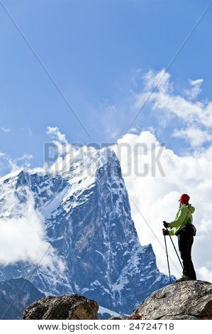 Woman Hiking In Himalaya Mountains