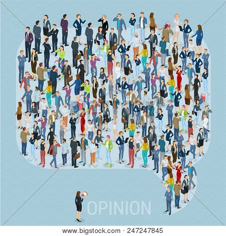 Public Opinion 3d Isometric People Social Networking Mock Up. People Crowd Comment Speech Bubble Fra