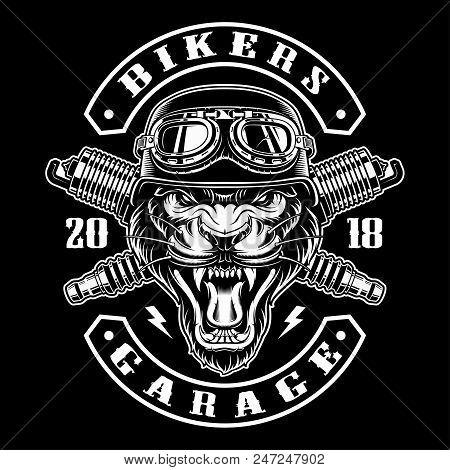 Panther Biker With Spark Plugs. Vector Illustration With Motorcycle Rider. All Elements, Colors Text