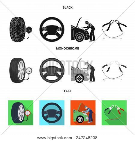 Engine Adjustment, Steering Wheel, Clamp And Wheel Black, Flat, Monochrome Icons In Set Collection F