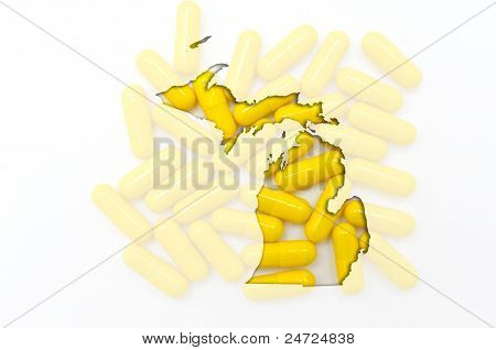 Kontur kort over Michigan med gennemsigtig piller i baggrunden