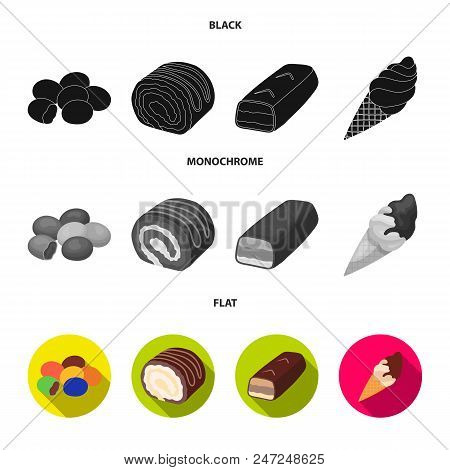Dragee, Roll, Chocolate Bar, Ice Cream. Chocolate Desserts Set Collection Icons In Black, Flat, Mono