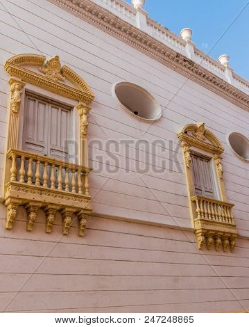 Cartagena, Colombia. March 2018. A View Of Colorful Balconies And Windows In Cartagena Colombia