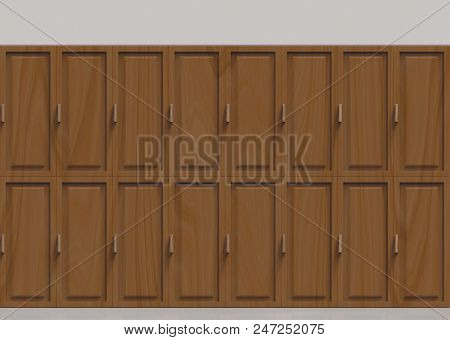 3d Rendering. Brown Wooden Loackers Row Background.