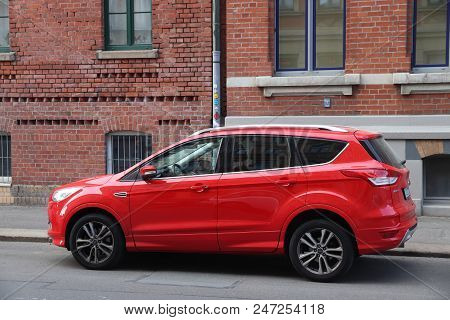 Leipzig, Germany - May 9, 2018: Red Ford Kuga Suv Car Parked In Germany. There Were 45.8 Million Car
