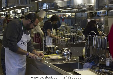 Florence, Italy - November 22 2015: People Learn To Make Pasta Inside A Kitchen School Inside Mercat