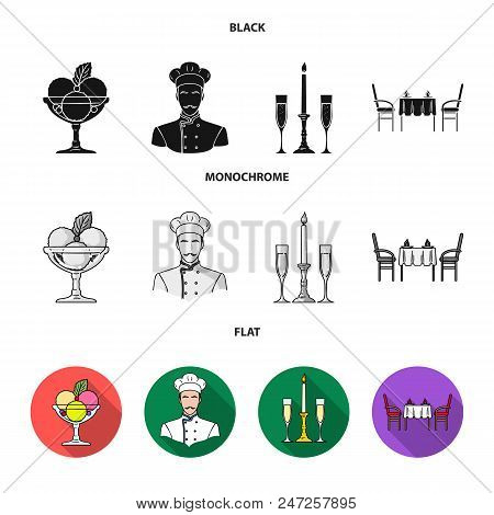 Ice Cream With Fruit, Chef, Candle And Glasses, A Covered Table.restaurant Set Collection Icons In B