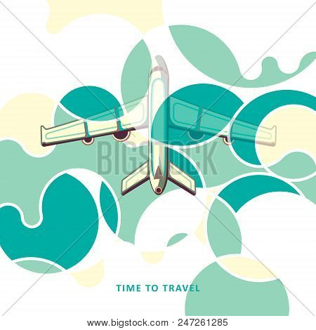 Airplane In Clouds. Plane Taking Off. Colorful Clouds. Travel. Vector Illustration