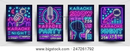 Karaoke Party Poster Collection Neon Vector. Karaoke Night Design Template, Bright Neon Brochure, Mo