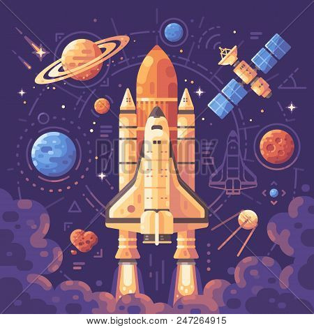 Space Exploration Concept. Space Objects Flat Illustration. Shuttle Launch Background