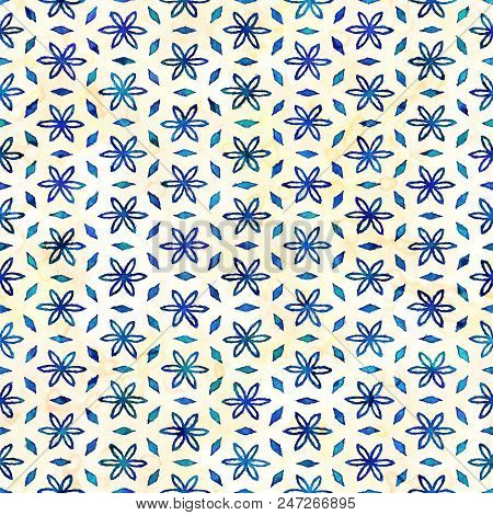 Native Batik Watercolor Artistic Blue And White Pattern With Flowers Or Snowflakes. Ethnic Boho Styl